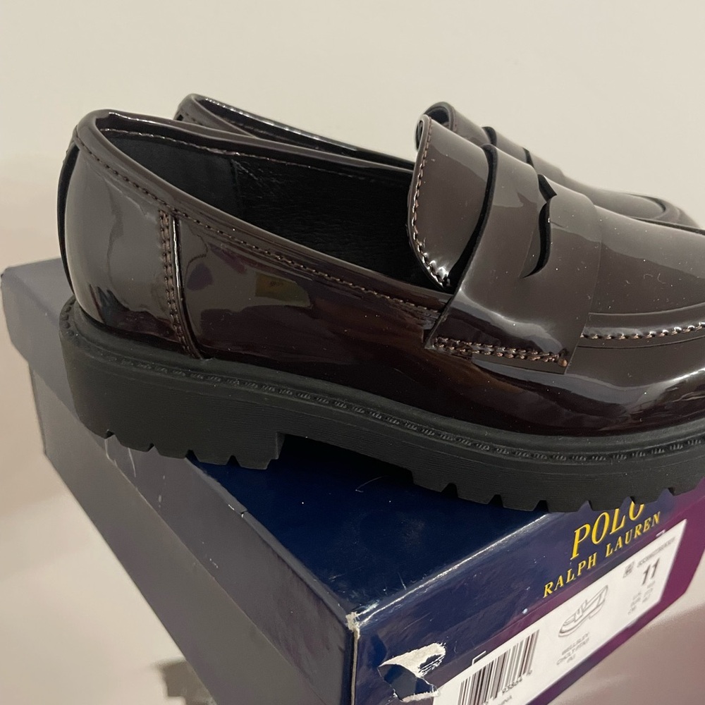 Polo by Ralph Lauren Men’s Dark Burgundy Patent Leather Lug Sole Penny Loafers